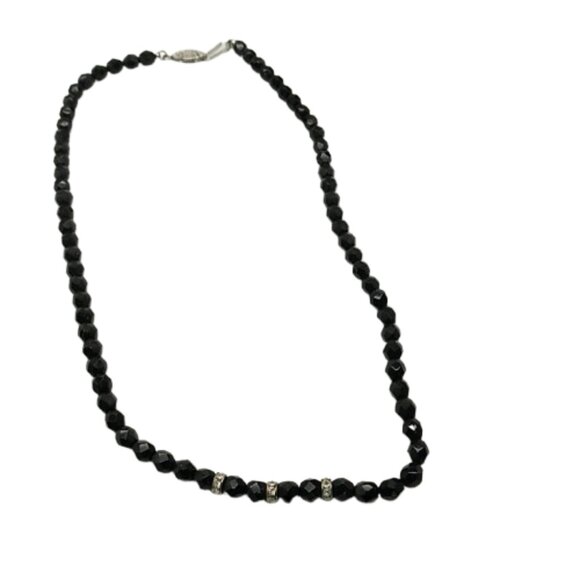 Vintage-Style Faceted Black Beaded Necklace with Rhinestone Rondelle Accents - Picture 12 of 16